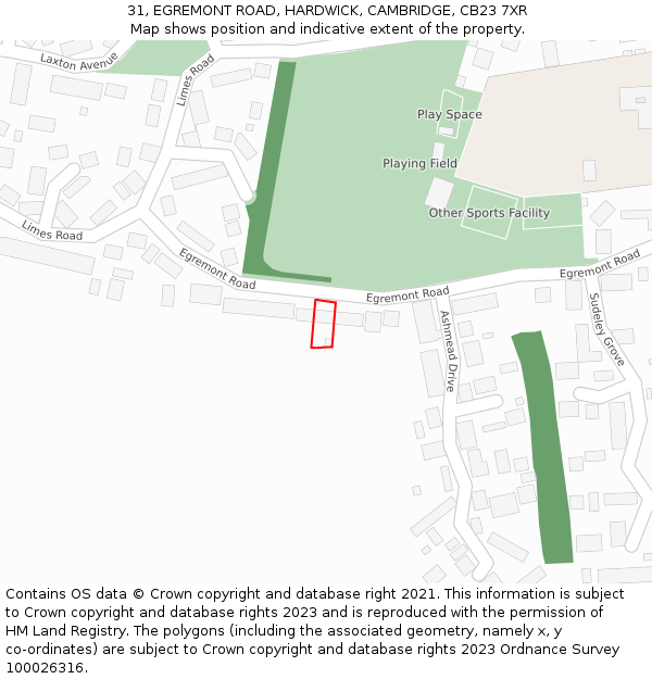 31, EGREMONT ROAD, HARDWICK, CAMBRIDGE, CB23 7XR: Location map and indicative extent of plot