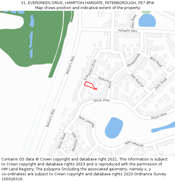 31, EVERGREEN DRIVE, HAMPTON HARGATE, PETERBOROUGH, PE7 8FW: Location map and indicative extent of plot