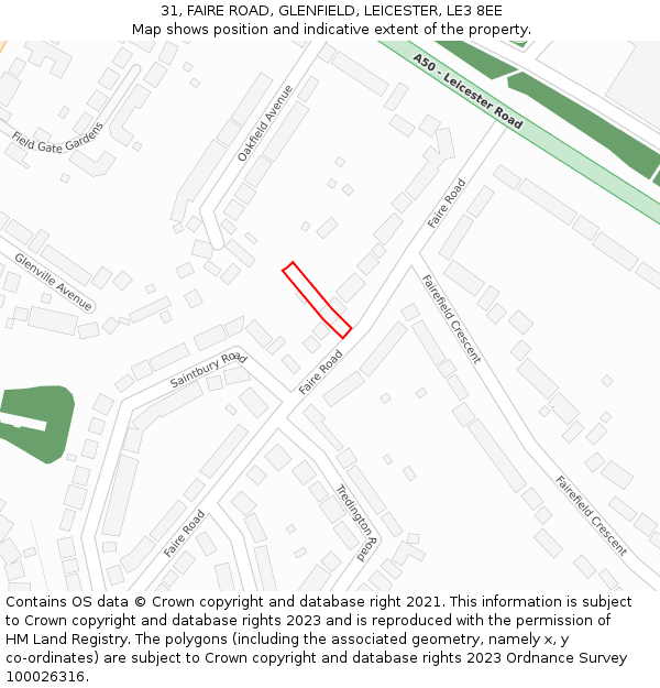 31, FAIRE ROAD, GLENFIELD, LEICESTER, LE3 8EE: Location map and indicative extent of plot