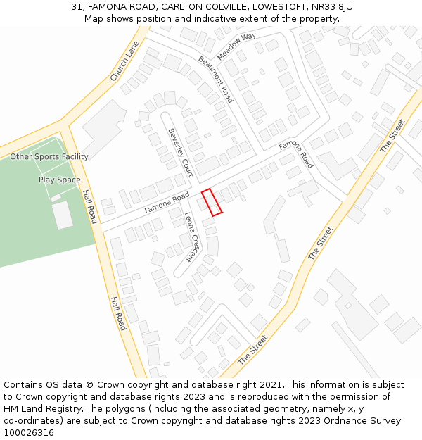 31, FAMONA ROAD, CARLTON COLVILLE, LOWESTOFT, NR33 8JU: Location map and indicative extent of plot