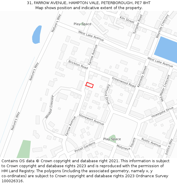31, FARROW AVENUE, HAMPTON VALE, PETERBOROUGH, PE7 8HT: Location map and indicative extent of plot