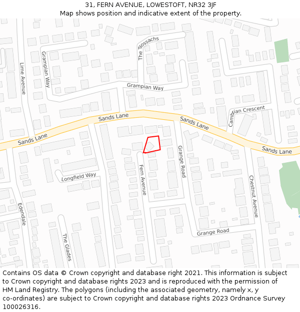 31, FERN AVENUE, LOWESTOFT, NR32 3JF: Location map and indicative extent of plot