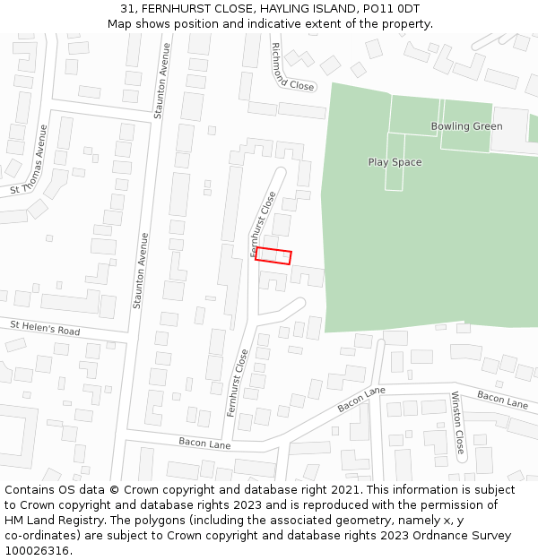 31, FERNHURST CLOSE, HAYLING ISLAND, PO11 0DT: Location map and indicative extent of plot