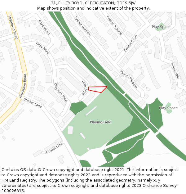 31, FILLEY ROYD, CLECKHEATON, BD19 5JW: Location map and indicative extent of plot