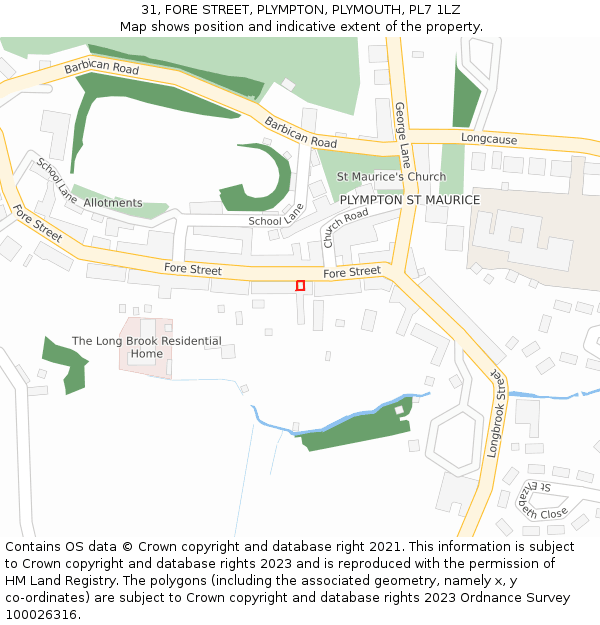 31, FORE STREET, PLYMPTON, PLYMOUTH, PL7 1LZ: Location map and indicative extent of plot