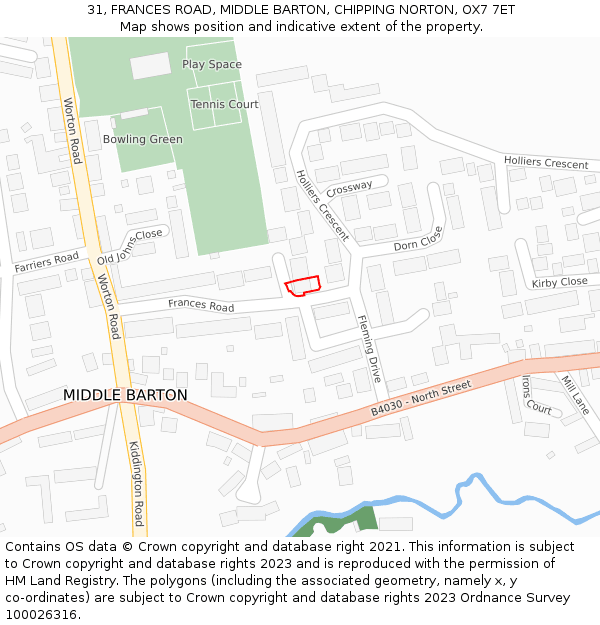 31, FRANCES ROAD, MIDDLE BARTON, CHIPPING NORTON, OX7 7ET: Location map and indicative extent of plot