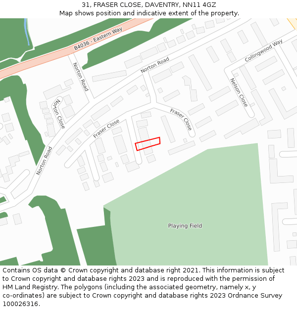 31, FRASER CLOSE, DAVENTRY, NN11 4GZ: Location map and indicative extent of plot