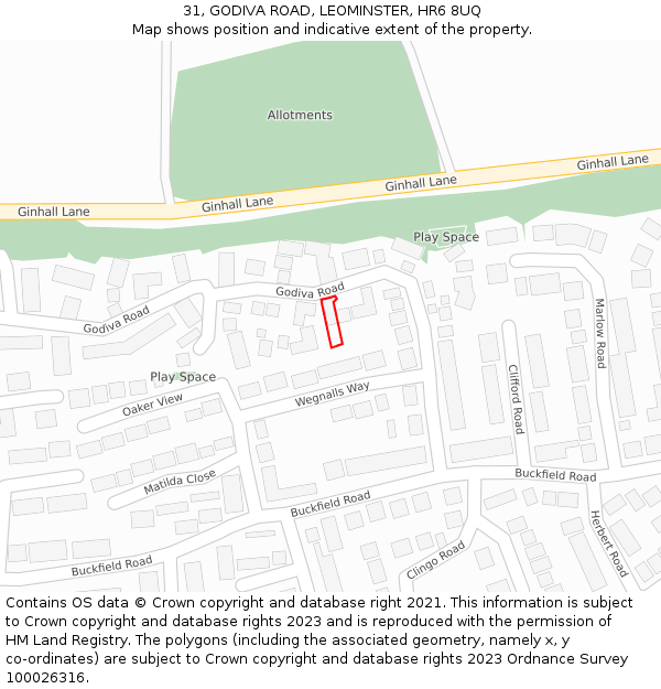 31, GODIVA ROAD, LEOMINSTER, HR6 8UQ: Location map and indicative extent of plot
