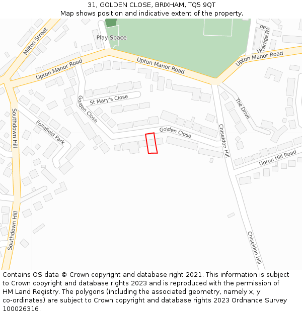 31, GOLDEN CLOSE, BRIXHAM, TQ5 9QT: Location map and indicative extent of plot