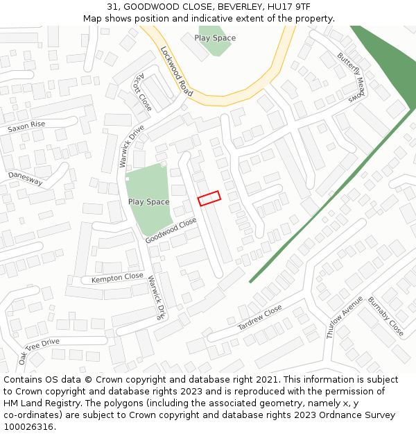 31, GOODWOOD CLOSE, BEVERLEY, HU17 9TF: Location map and indicative extent of plot