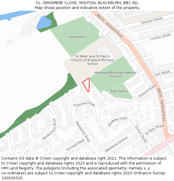 31, GRASMERE CLOSE, RISHTON, BLACKBURN, BB1 4EL: Location map and indicative extent of plot