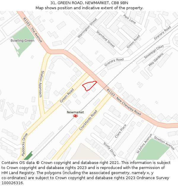 31, GREEN ROAD, NEWMARKET, CB8 9BN: Location map and indicative extent of plot