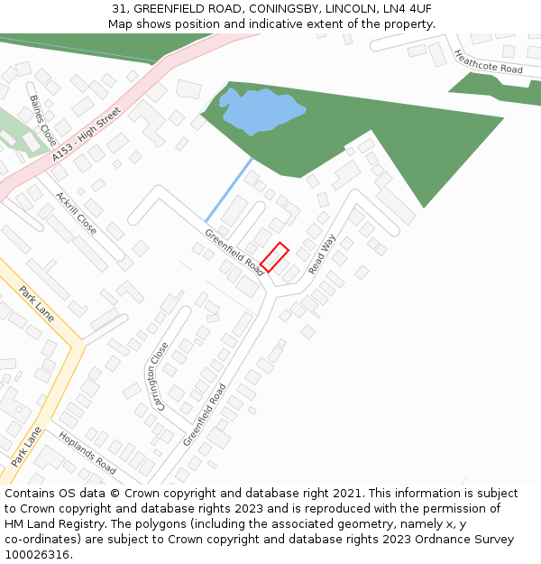 31, GREENFIELD ROAD, CONINGSBY, LINCOLN, LN4 4UF: Location map and indicative extent of plot