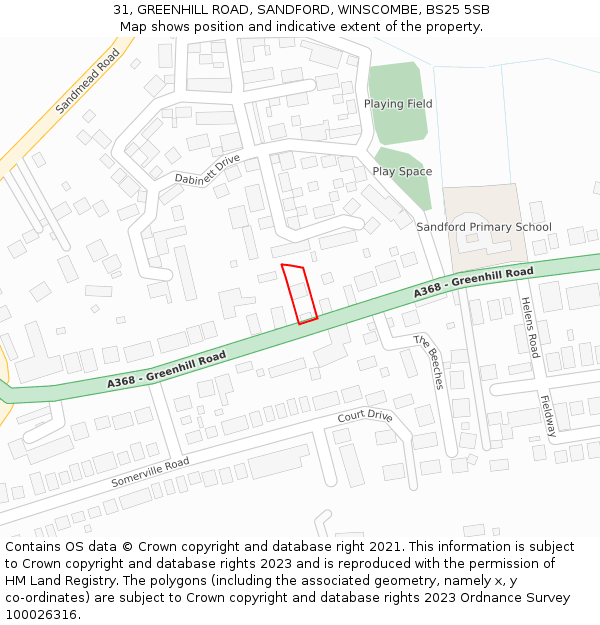 31, GREENHILL ROAD, SANDFORD, WINSCOMBE, BS25 5SB: Location map and indicative extent of plot