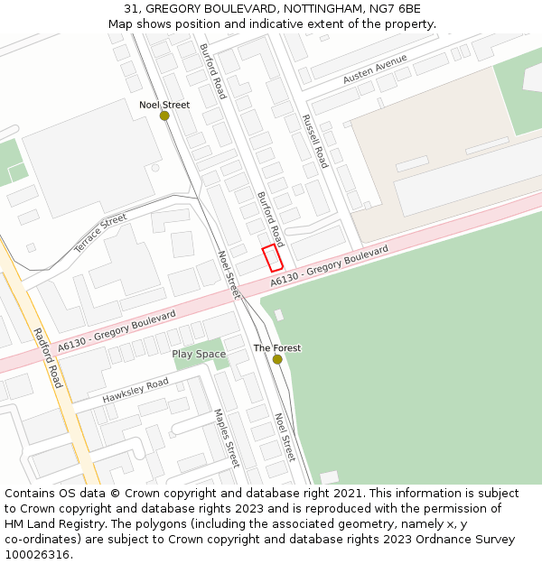 31, GREGORY BOULEVARD, NOTTINGHAM, NG7 6BE: Location map and indicative extent of plot