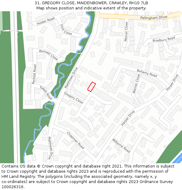 31, GREGORY CLOSE, MAIDENBOWER, CRAWLEY, RH10 7LB: Location map and indicative extent of plot