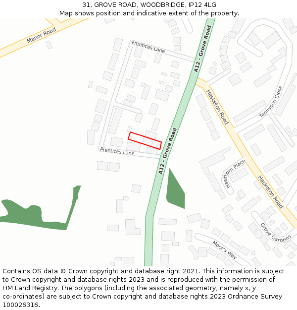 31, GROVE ROAD, WOODBRIDGE, IP12 4LG: Location map and indicative extent of plot