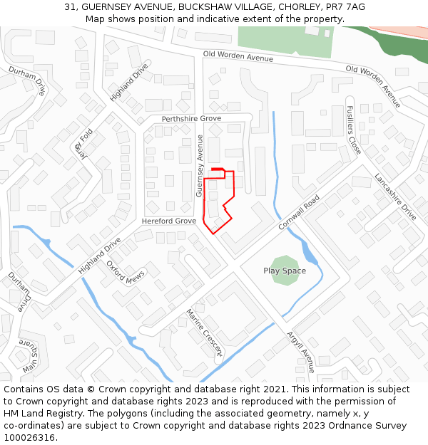 31, GUERNSEY AVENUE, BUCKSHAW VILLAGE, CHORLEY, PR7 7AG: Location map and indicative extent of plot