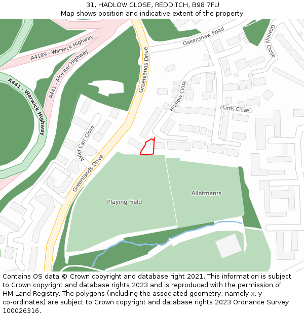 31, HADLOW CLOSE, REDDITCH, B98 7FU: Location map and indicative extent of plot