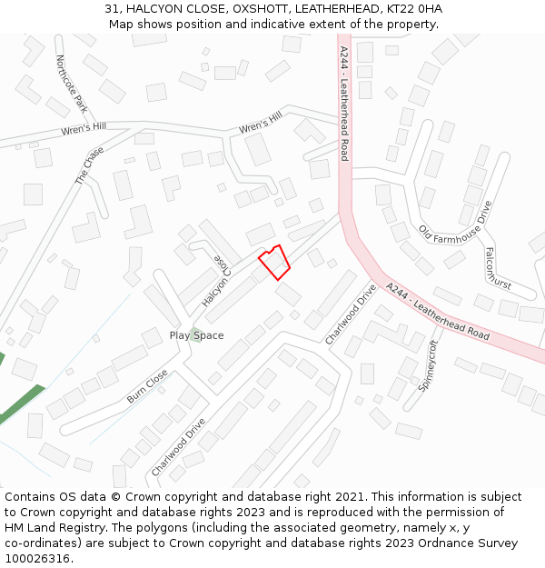 31, HALCYON CLOSE, OXSHOTT, LEATHERHEAD, KT22 0HA: Location map and indicative extent of plot