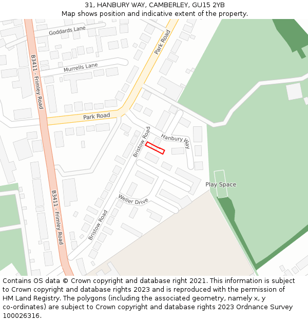 31, HANBURY WAY, CAMBERLEY, GU15 2YB: Location map and indicative extent of plot