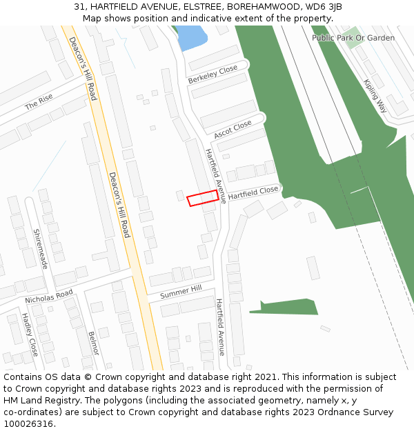 31, HARTFIELD AVENUE, ELSTREE, BOREHAMWOOD, WD6 3JB: Location map and indicative extent of plot