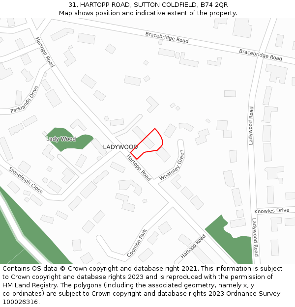 31, HARTOPP ROAD, SUTTON COLDFIELD, B74 2QR: Location map and indicative extent of plot