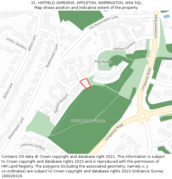 31, HATFIELD GARDENS, APPLETON, WARRINGTON, WA4 5QL: Location map and indicative extent of plot