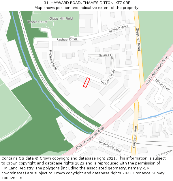 31, HAYWARD ROAD, THAMES DITTON, KT7 0BF: Location map and indicative extent of plot