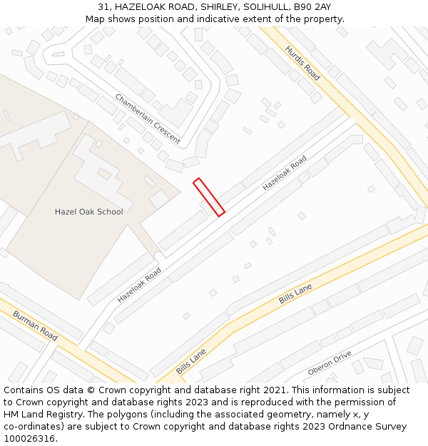 31, HAZELOAK ROAD, SHIRLEY, SOLIHULL, B90 2AY: Location map and indicative extent of plot