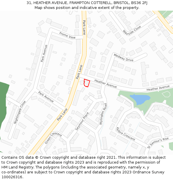 31, HEATHER AVENUE, FRAMPTON COTTERELL, BRISTOL, BS36 2FJ: Location map and indicative extent of plot