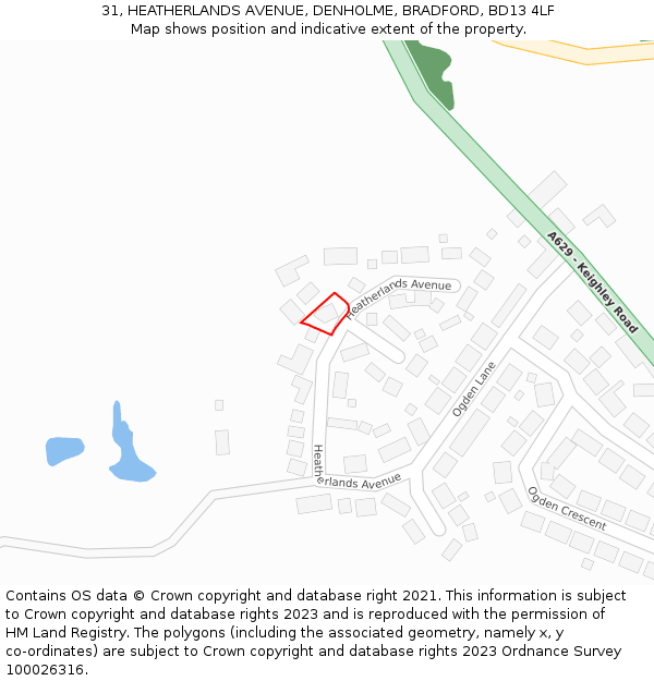 31, HEATHERLANDS AVENUE, DENHOLME, BRADFORD, BD13 4LF: Location map and indicative extent of plot