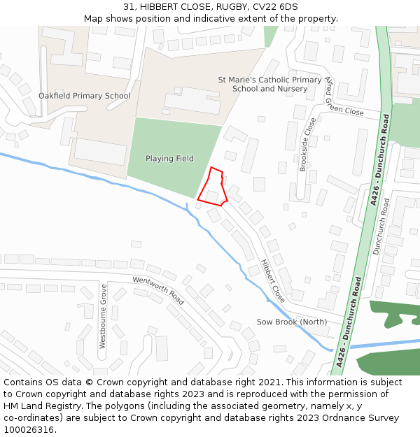 31, HIBBERT CLOSE, RUGBY, CV22 6DS: Location map and indicative extent of plot