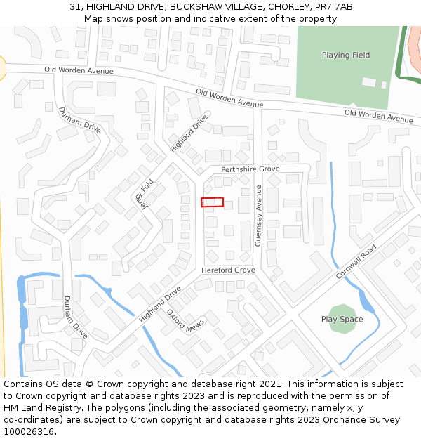31, HIGHLAND DRIVE, BUCKSHAW VILLAGE, CHORLEY, PR7 7AB: Location map and indicative extent of plot