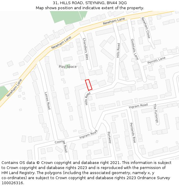 31, HILLS ROAD, STEYNING, BN44 3QG: Location map and indicative extent of plot