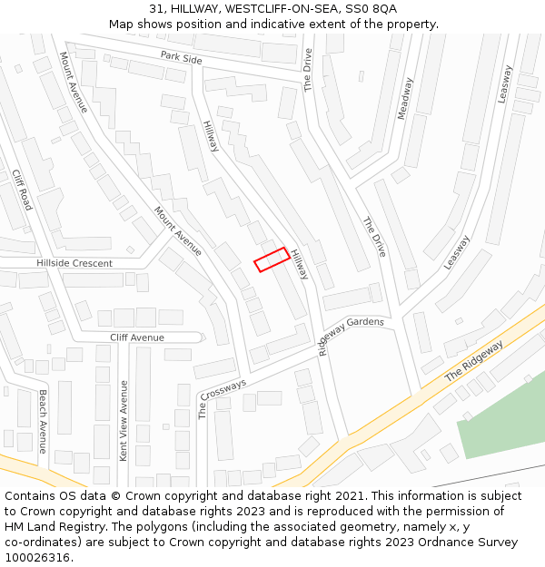31, HILLWAY, WESTCLIFF-ON-SEA, SS0 8QA: Location map and indicative extent of plot