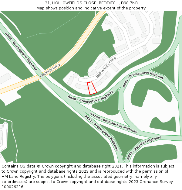 31, HOLLOWFIELDS CLOSE, REDDITCH, B98 7NR: Location map and indicative extent of plot