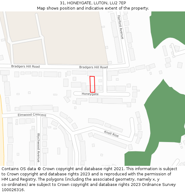 31, HONEYGATE, LUTON, LU2 7EP: Location map and indicative extent of plot