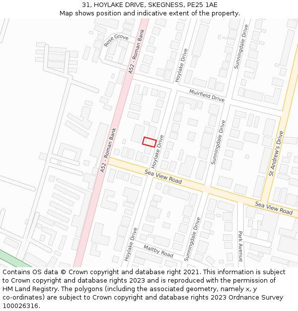 31, HOYLAKE DRIVE, SKEGNESS, PE25 1AE: Location map and indicative extent of plot