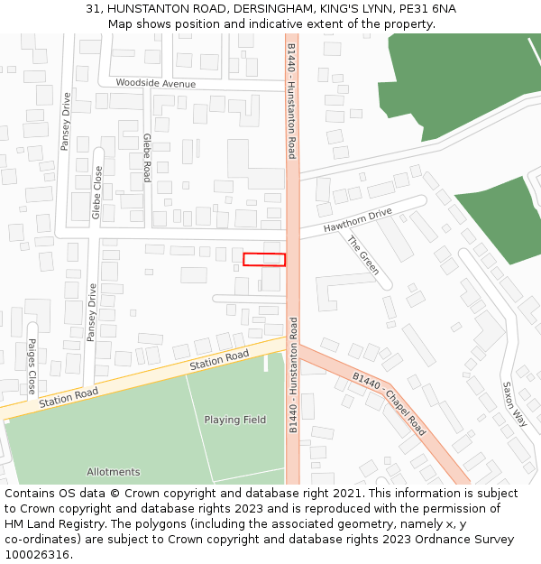 31, HUNSTANTON ROAD, DERSINGHAM, KING'S LYNN, PE31 6NA: Location map and indicative extent of plot