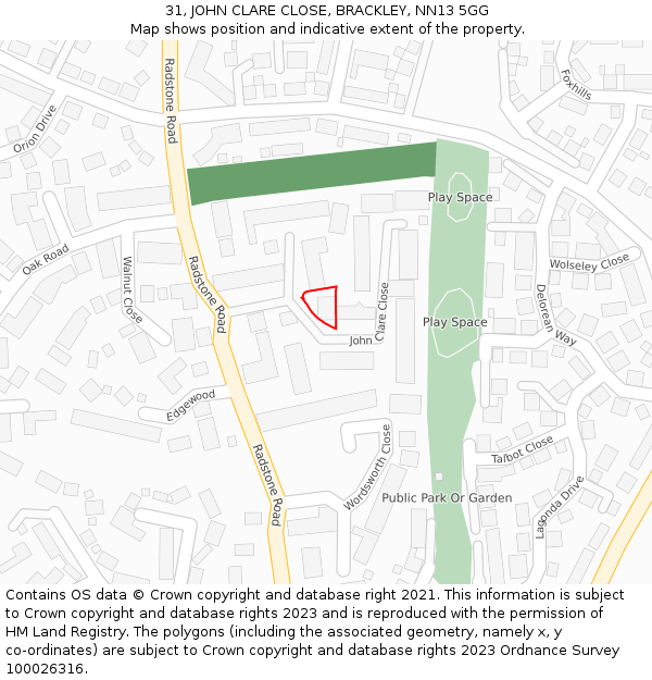 31, JOHN CLARE CLOSE, BRACKLEY, NN13 5GG: Location map and indicative extent of plot