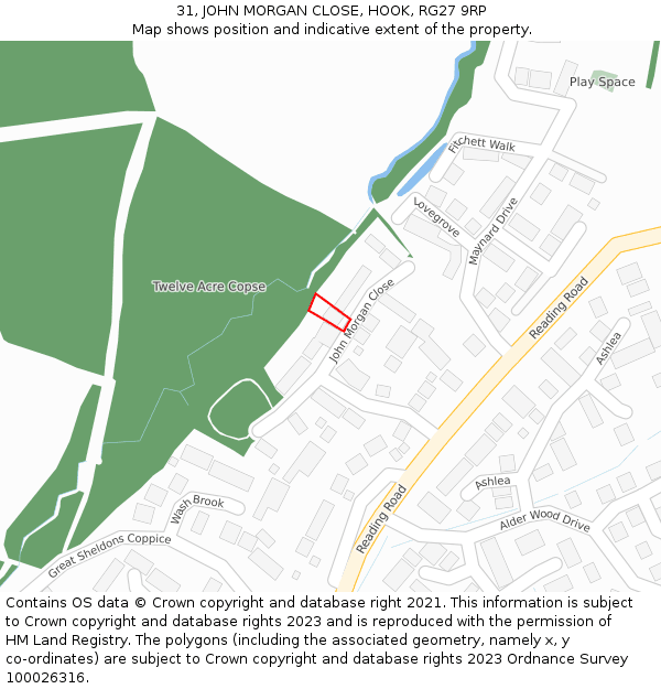 31, JOHN MORGAN CLOSE, HOOK, RG27 9RP: Location map and indicative extent of plot
