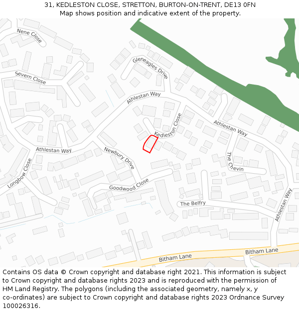 31, KEDLESTON CLOSE, STRETTON, BURTON-ON-TRENT, DE13 0FN: Location map and indicative extent of plot