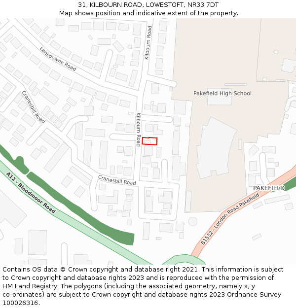 31, KILBOURN ROAD, LOWESTOFT, NR33 7DT: Location map and indicative extent of plot