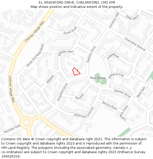 31, KINGSFORD DRIVE, CHELMSFORD, CM2 6YR: Location map and indicative extent of plot