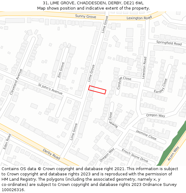 31, LIME GROVE, CHADDESDEN, DERBY, DE21 6WL: Location map and indicative extent of plot