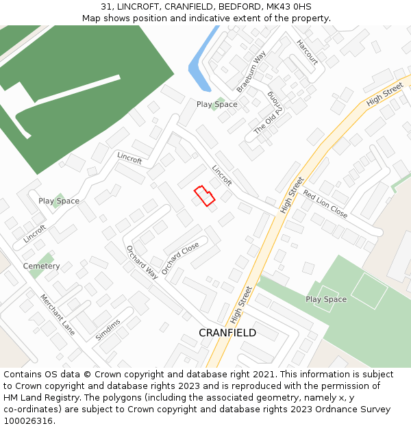 31, LINCROFT, CRANFIELD, BEDFORD, MK43 0HS: Location map and indicative extent of plot
