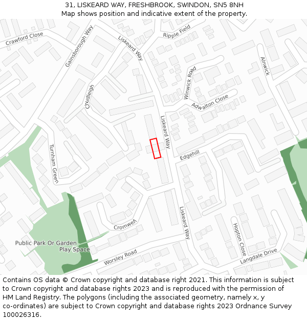 31, LISKEARD WAY, FRESHBROOK, SWINDON, SN5 8NH: Location map and indicative extent of plot