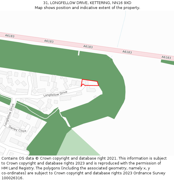 31, LONGFELLOW DRIVE, KETTERING, NN16 9XD: Location map and indicative extent of plot