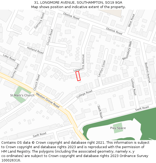 31, LONGMORE AVENUE, SOUTHAMPTON, SO19 9GA: Location map and indicative extent of plot